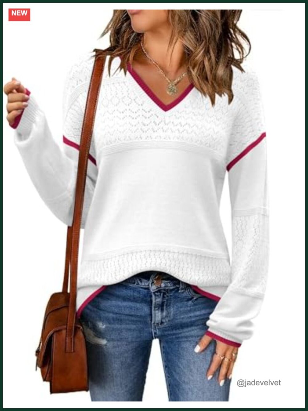 Women's Crochet Knit V-Neck Pullover Sweater Loose Fit Lantern Sleeve